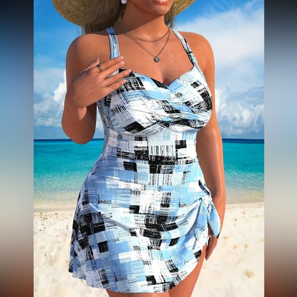 NEW 1 Piece Swim Dress, geometric blue #SW-D1-0092 - Picture 2 of 7